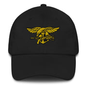 A black Navy Seals Hat with the logo on the front.  The hat has a curved visor and an adjustable strap at the back.