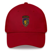 A cranberry colored 13th Airborne Division Hat with the logo on the front.  The hat has a curved visor and an adjustable strap at the back.