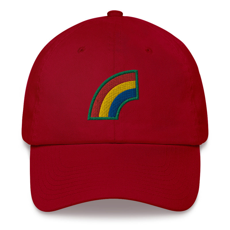 A cranberry colored 42nd Infantry Division Hat with the logo on the front.  The hat has a curved visor and an adjustable strap at the back.
