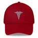 A cranberry colored Hospital Corpsman Hat with the logo on the front.  The hat has a curved visor and an adjustable strap at the back.