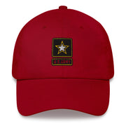A cranberry colored United States Army Hat with the logo on the front.  The hat has a curved visor and an adjustable strap at the back.