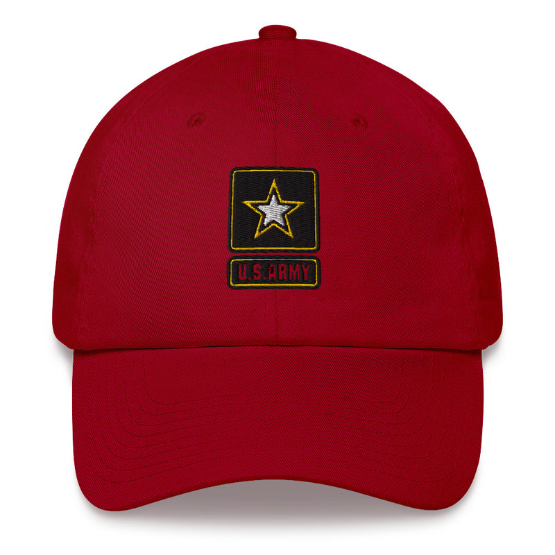A cranberry colored United States Army Hat with the logo on the front.  The hat has a curved visor and an adjustable strap at the back.
