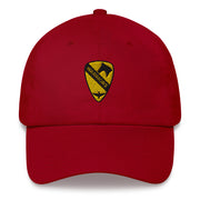 A cranberry colored 1st Air Cavalry Brigade Hat with the logo on the front.  The hat has a curved visor and an adjustable strap at the back.