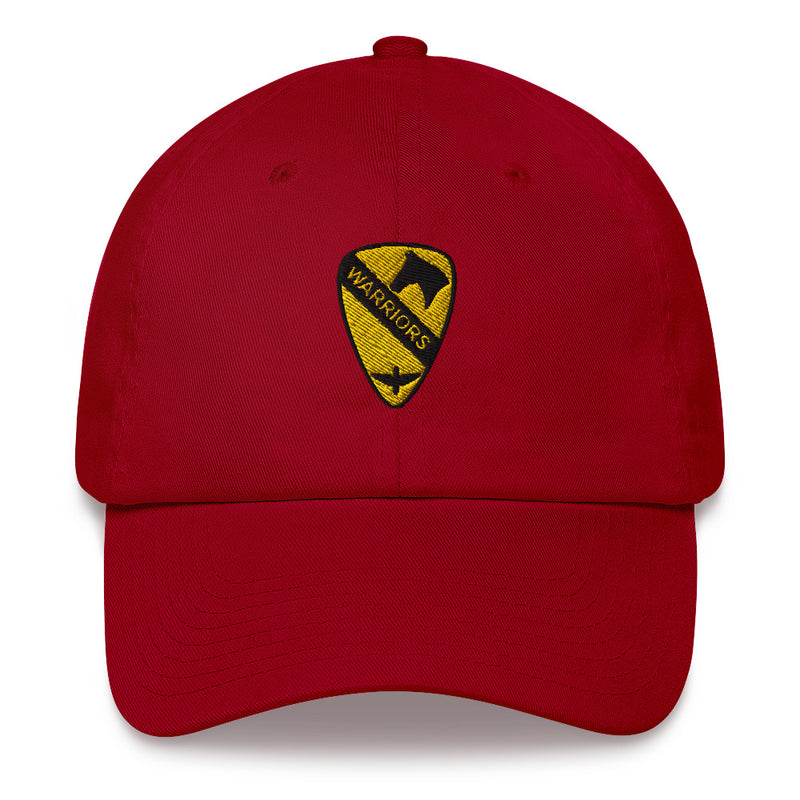 A cranberry colored 1st Air Cavalry Brigade Hat with the logo on the front.  The hat has a curved visor and an adjustable strap at the back.