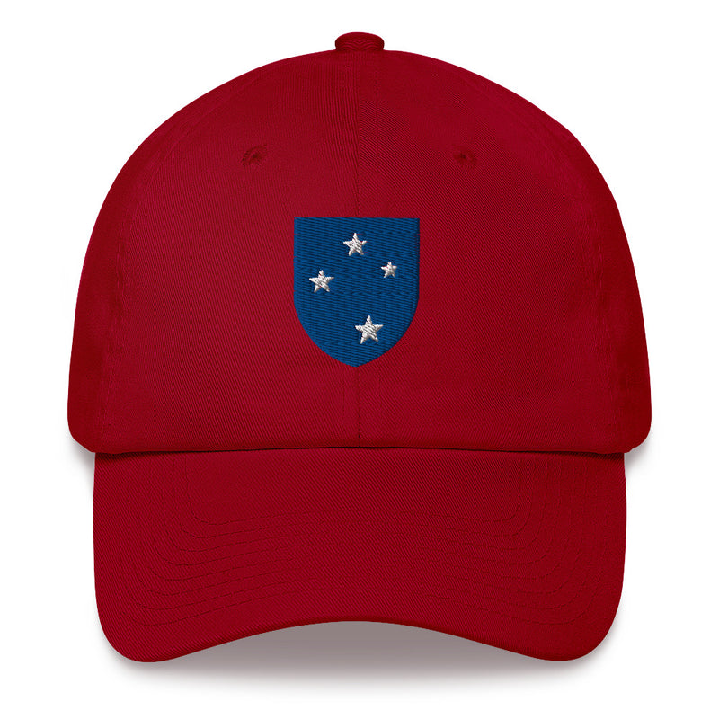 A cranberry colored 23rd Infantry Division Hat with the logo on the front.  The hat has a curved visor and an adjustable strap at the back.