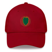 A cranberry colored 24th Infantry Division Hat with the logo on the front.  The hat has a curved visor and an adjustable strap at the back.
