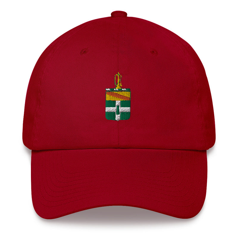 A cranberry colored 3rd Cavalry Regiment Hat with the logo on the front.  The hat has a curved visor and an adjustable strap at the back.