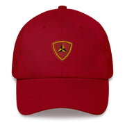 A cranberry colored 3rd Marine Division Hat with the logo on the front.  The hat has a curved visor and an adjustable strap at the back.