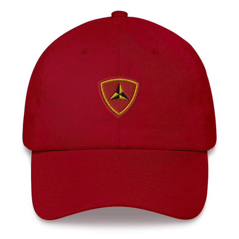 A cranberry colored 3rd Marine Division Hat with the logo on the front.  The hat has a curved visor and an adjustable strap at the back.