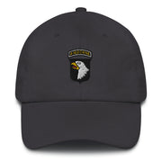 A dark grey 101st Airborne Hat with the logo on the front.  The hat has a curved visor and an adjustable strap at the back.