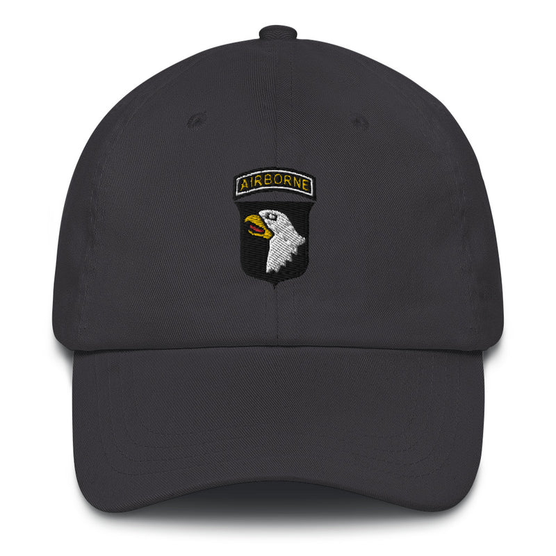 A dark grey 101st Airborne Hat with the logo on the front.  The hat has a curved visor and an adjustable strap at the back.