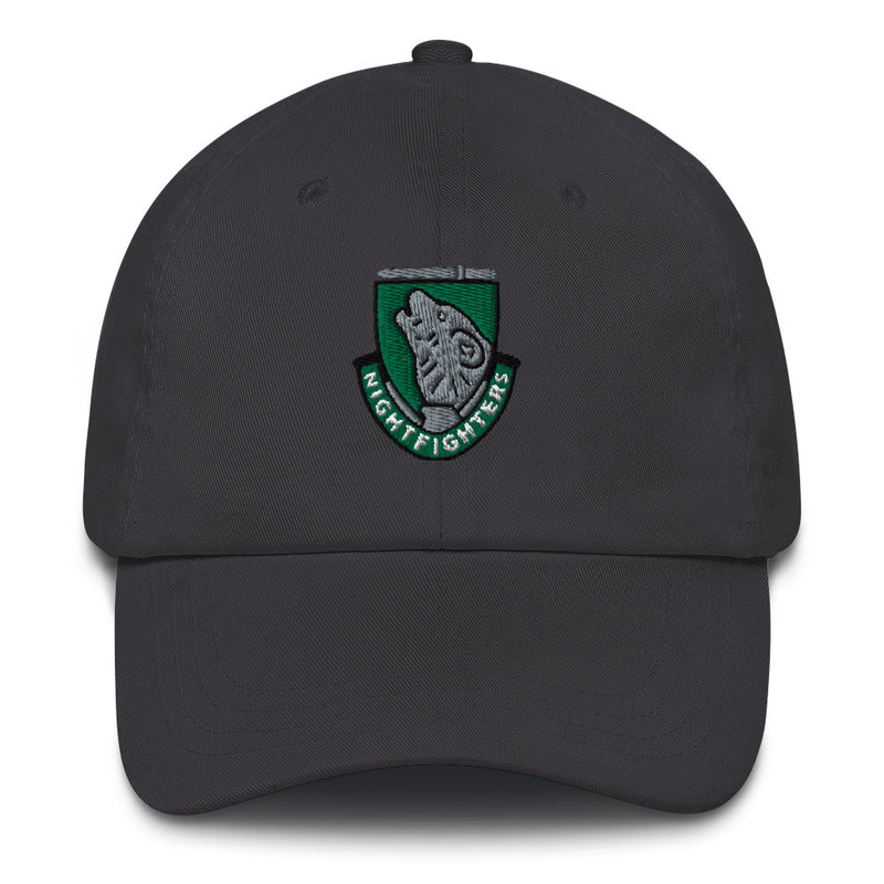A dark grey 104th Infantry Division Hat with the logo on the front.  The hat has a curved visor and an adjustable strap at the back.