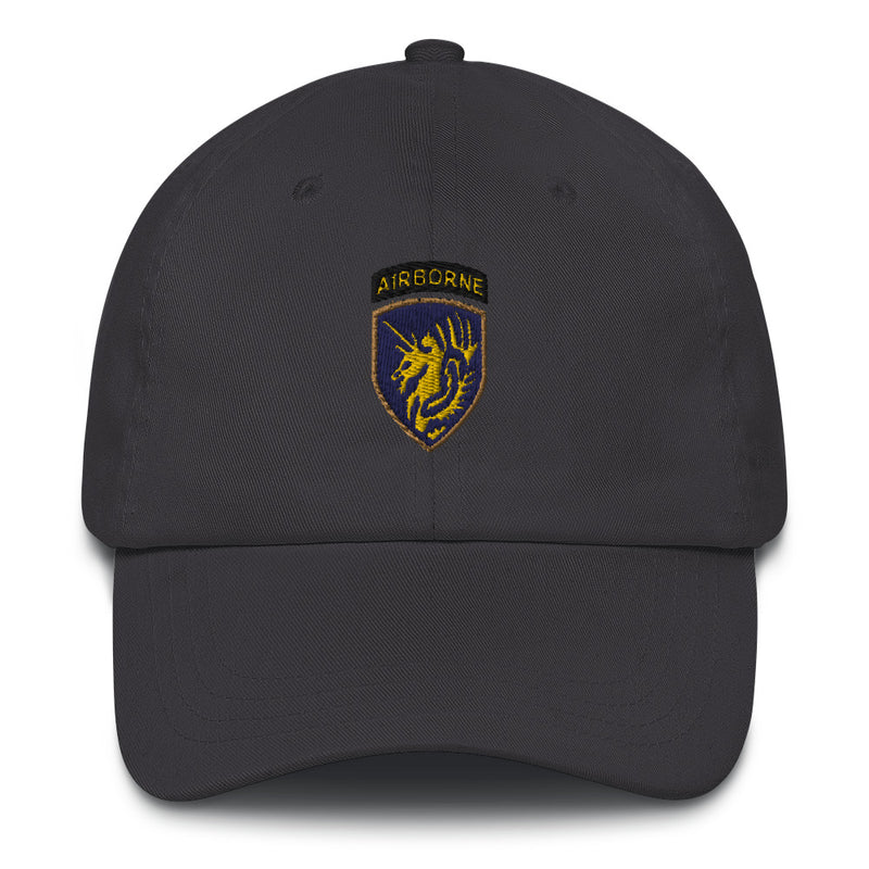 A dark grey 13th Airborne Division Hat with the logo on the front.  The hat has a curved visor and an adjustable strap at the back.