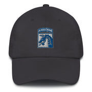 A dark grey XVIII Airborne Corps Hat with the logo on the front.  The hat has a curved visor and an adjustable strap at the back.