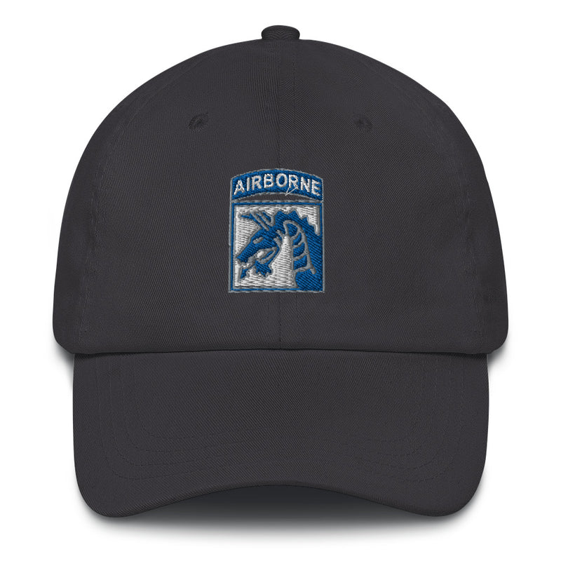 A dark grey XVIII Airborne Corps Hat with the logo on the front.  The hat has a curved visor and an adjustable strap at the back.