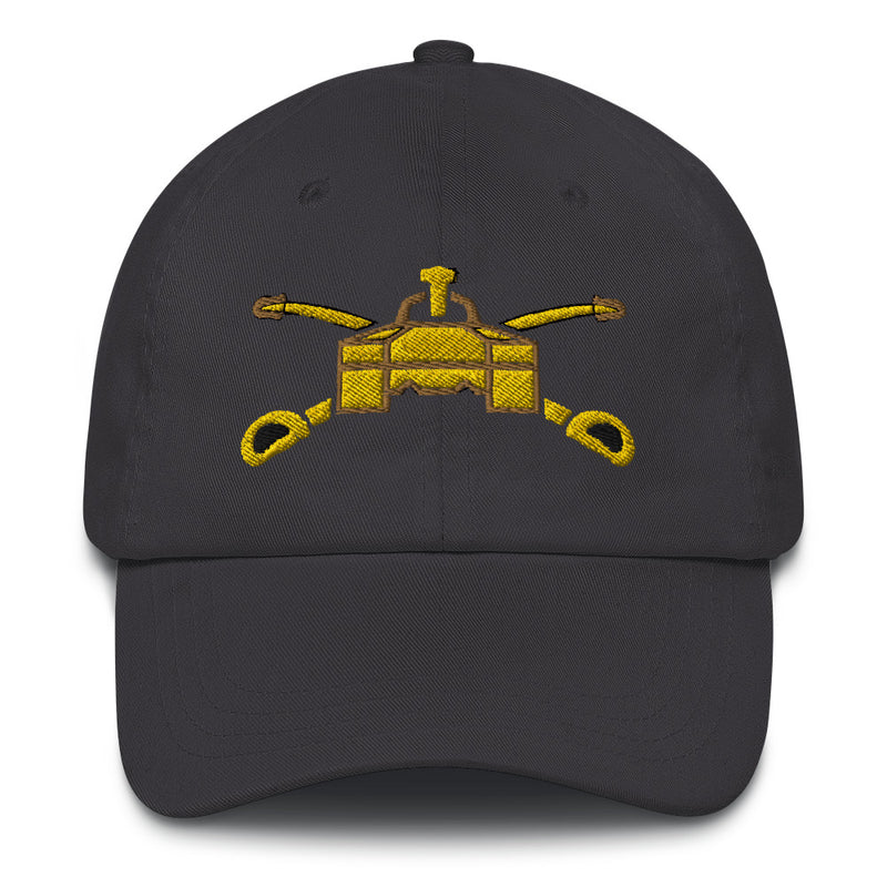 A dark grey Army Armor Hat with the logo on the front.  The hat has a curved visor and an adjustable strap at the back.