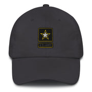 A dark grey United States Army Hat with the logo on the front.  The hat has a curved visor and an adjustable strap at the back.