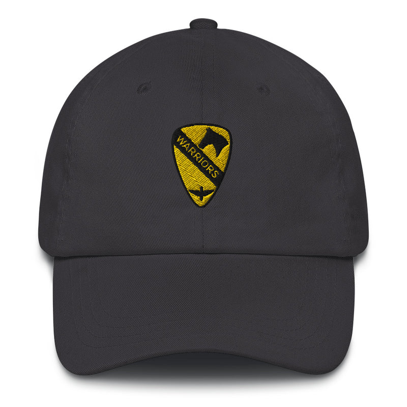 A dark grey 1st Air Cavalry Brigade Hat with the logo on the front.  The hat has a curved visor and an adjustable strap at the back.