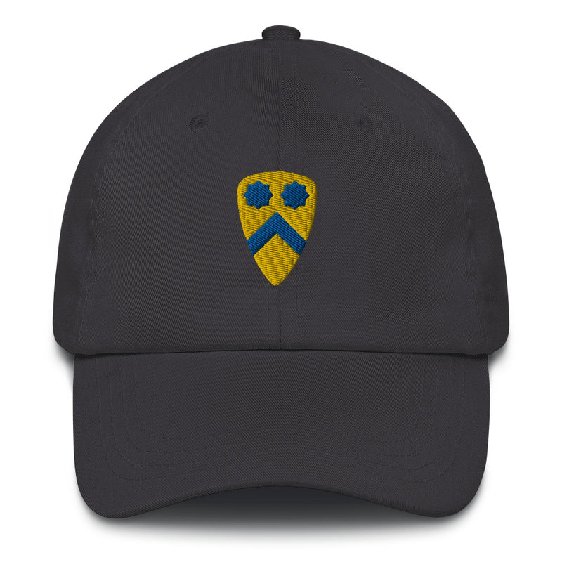 A dark grey 2nd Cavalry Division Hat with the logo on the front.  The hat has a curved visor and an adjustable strap at the back.