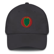A dark grey 24th Infantry Division Hat with the logo on the front.  The hat has a curved visor and an adjustable strap at the back.