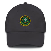 A dark grey 2nd-cavalry-regiment Hat with the logo on the front.  The hat has a curved visor and an adjustable strap at the back.