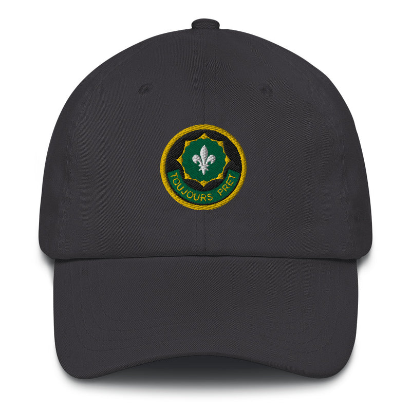 A dark grey 2nd-cavalry-regiment Hat with the logo on the front.  The hat has a curved visor and an adjustable strap at the back.
