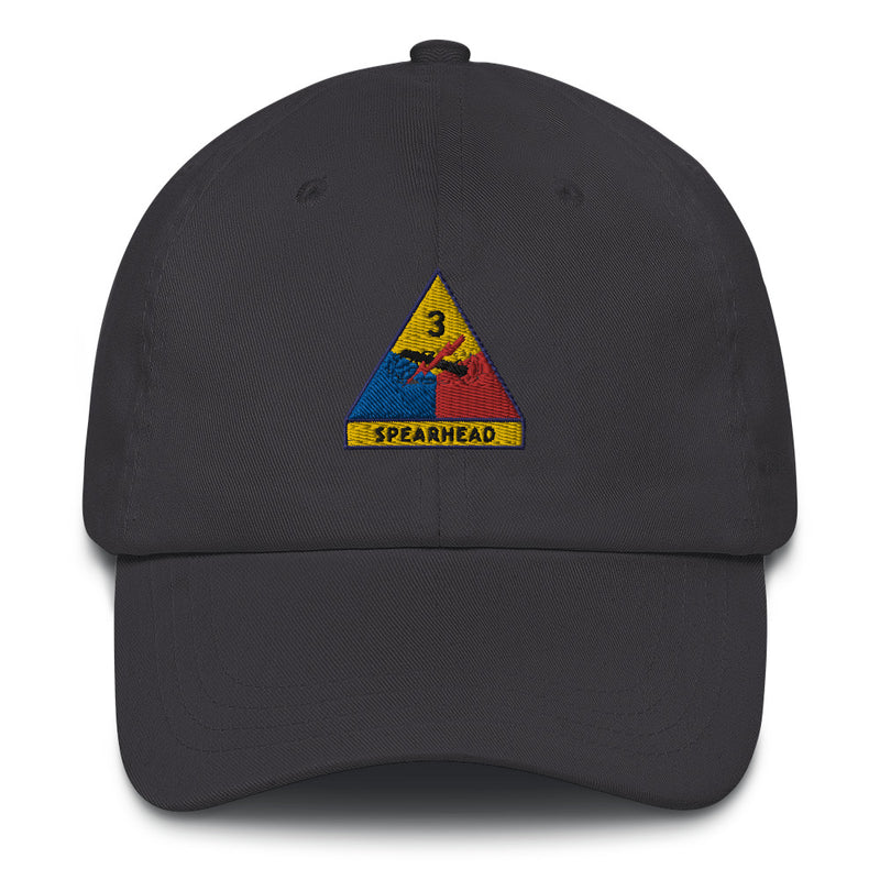 A dark grey 3rd Armored Division Hat with the logo on the front.  The hat has a curved visor and an adjustable strap at the back.