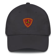 A dark grey 3rd Marine Division Hat with the logo on the front.  The hat has a curved visor and an adjustable strap at the back.