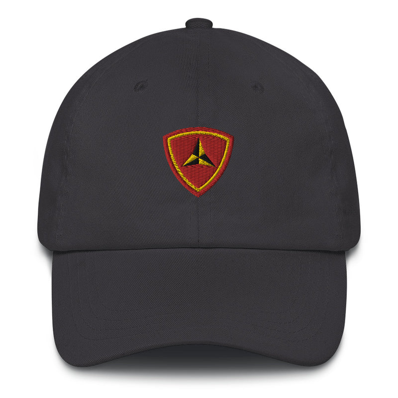 A dark grey 3rd Marine Division Hat with the logo on the front.  The hat has a curved visor and an adjustable strap at the back.