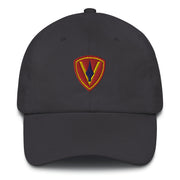 A dark grey 5th Marine Division Hat with the logo on the front.  The hat has a curved visor and an adjustable strap at the back.