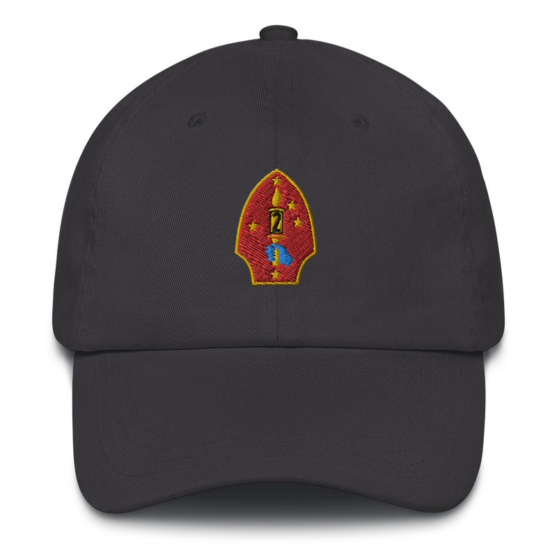 A dark grey 2nd Marine Division Hat with the logo on the front.  The hat has a curved visor and an adjustable strap at the back.