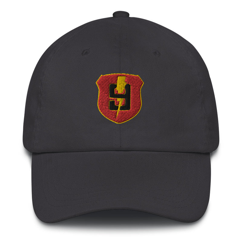 A dark grey 9th Regiment Hat with the logo on the front.  The hat has a curved visor and an adjustable strap at the back.