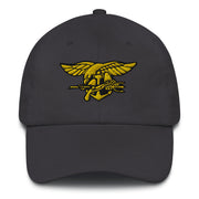 A dark grey Navy Seals Hat with the logo on the front.  The hat has a curved visor and an adjustable strap at the back.