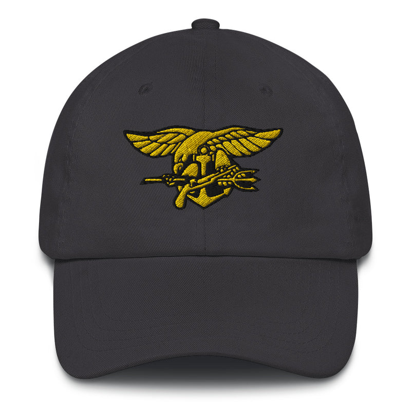 A dark grey Navy Seals Hat with the logo on the front.  The hat has a curved visor and an adjustable strap at the back.
