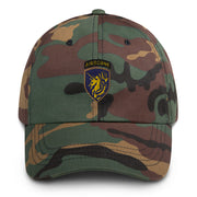 A military style 13th Airborne Division Hat with camouflage and the logo on the front.  The hat has a curved visor and an adjustable strap at the back. 