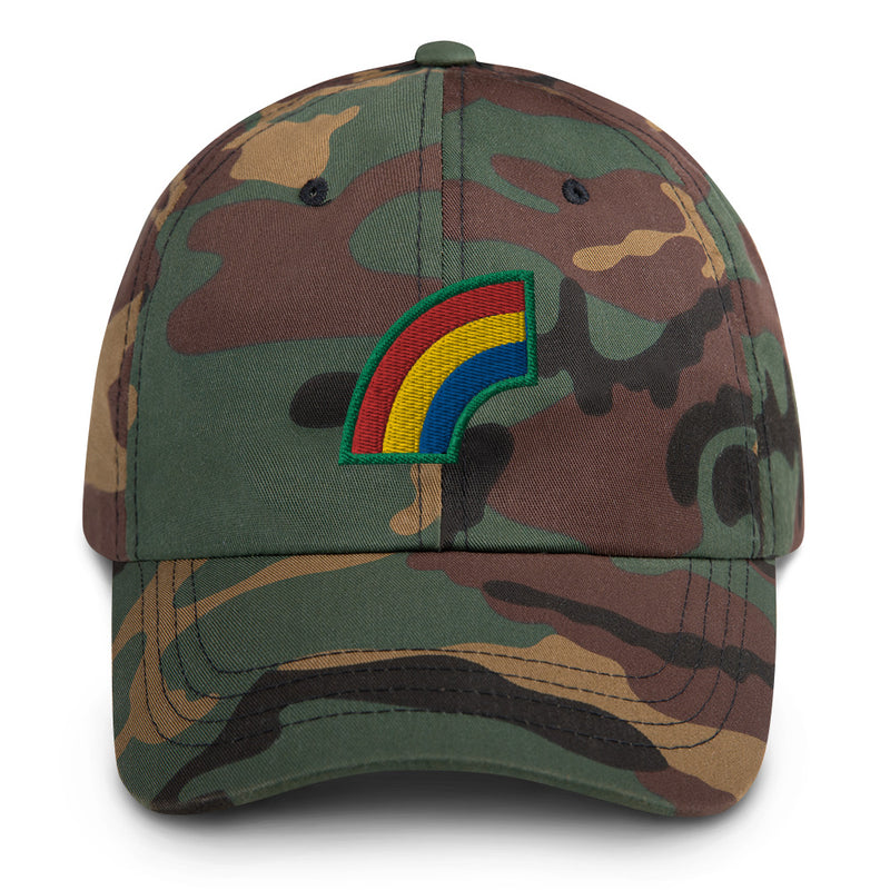 A military style 42nd Infantry Division Hat with camouflage and the logo on the front.  The hat has a curved visor and an adjustable strap at the back. 