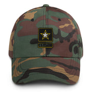 A military style United States Army Hat with camouflage and the logo on the front.  The hat has a curved visor and an adjustable strap at the back. 