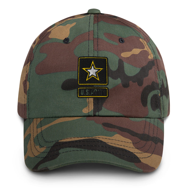 A military style United States Army Hat with camouflage and the logo on the front.  The hat has a curved visor and an adjustable strap at the back. 