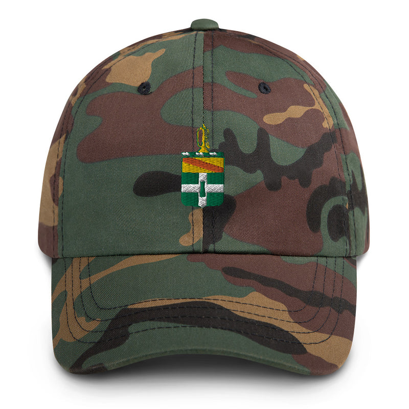 A military style 3rd Cavalry Regiment Hat with camouflage and the logo on the front.  The hat has a curved visor and an adjustable strap at the back. 