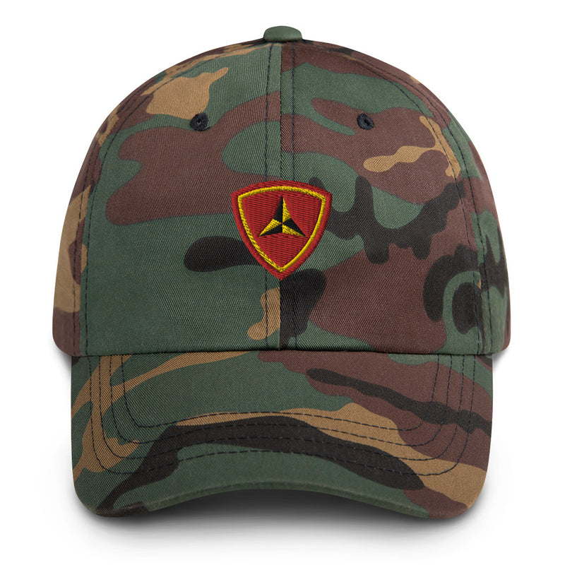 A military style 3rd Marine Division Hat with camouflage and the logo on the front.  The hat has a curved visor and an adjustable strap at the back. 