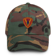 A military style 5th Marine Division Hat with camouflage and the logo on the front.  The hat has a curved visor and an adjustable strap at the back. 