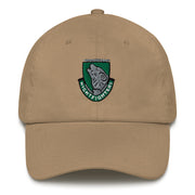A khaki colored 104th Infantry Division Hat with the logo on the front.  The hat has a curved visor and an adjustable strap at the back.