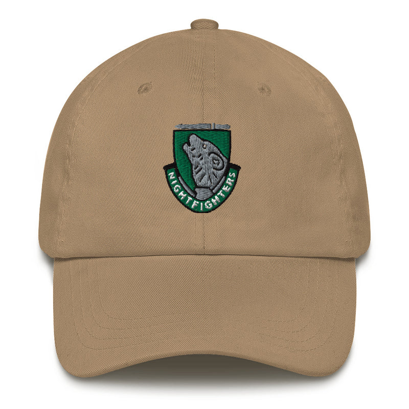 A khaki colored 104th Infantry Division Hat with the logo on the front.  The hat has a curved visor and an adjustable strap at the back.