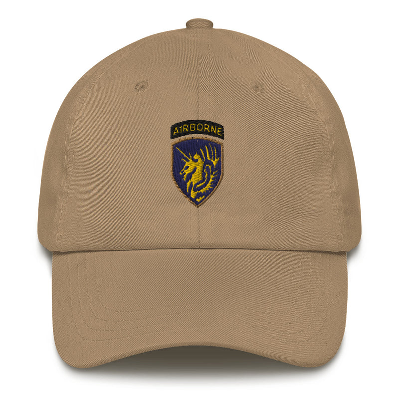 A khaki colored 13th Airborne Division Hat with the logo on the front.  The hat has a curved visor and an adjustable strap at the back.