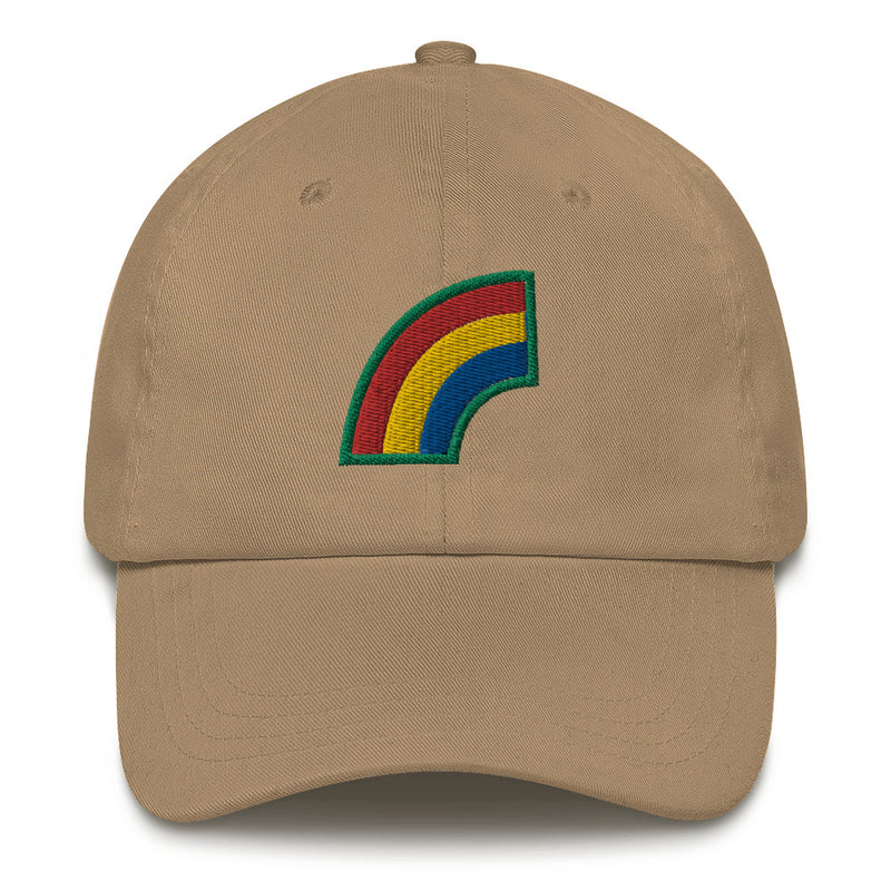 A khaki colored 42nd Infantry Division Hat with the logo on the front.  The hat has a curved visor and an adjustable strap at the back.