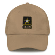 A khaki colored United States Army Hat with the logo on the front.  The hat has a curved visor and an adjustable strap at the back.