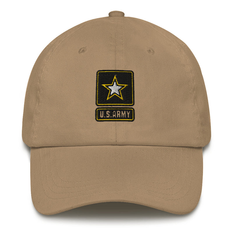 A khaki colored United States Army Hat with the logo on the front.  The hat has a curved visor and an adjustable strap at the back.