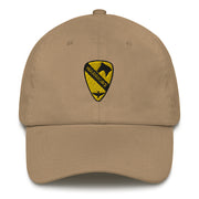 A khaki colored 1st Air Cavalry Brigade Hat with the logo on the front.  The hat has a curved visor and an adjustable strap at the back.