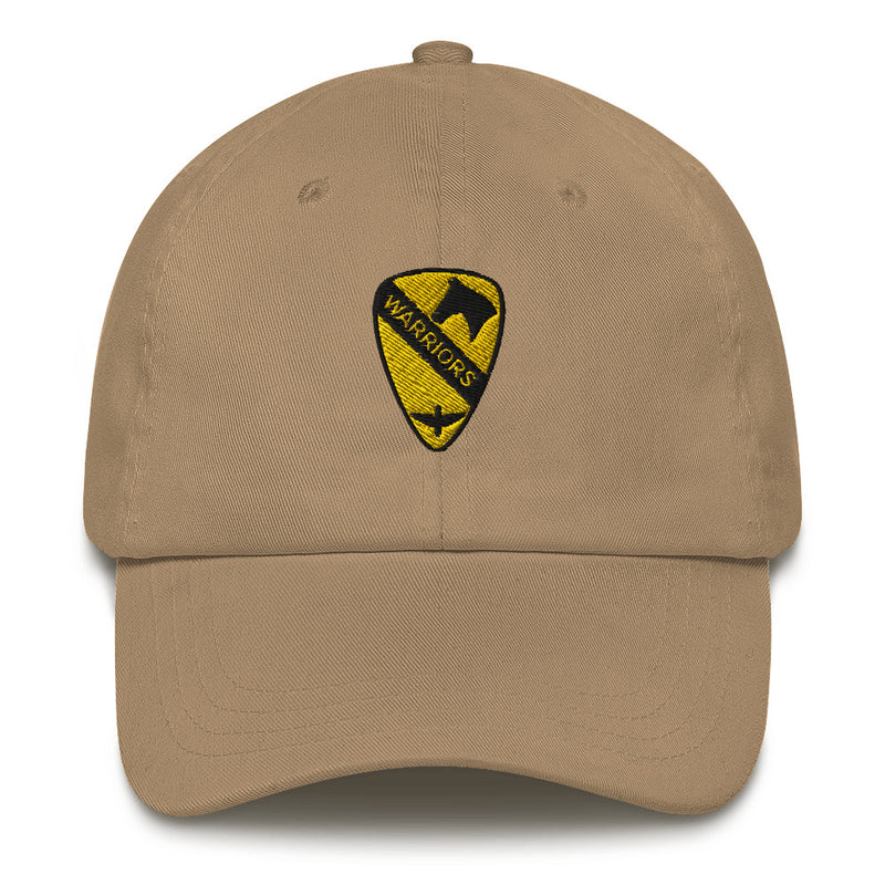 A khaki colored 1st Air Cavalry Brigade Hat with the logo on the front.  The hat has a curved visor and an adjustable strap at the back.