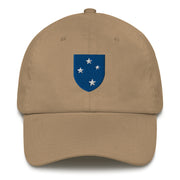 A khaki colored 23rd Infantry Division Hat with the logo on the front.  The hat has a curved visor and an adjustable strap at the back.